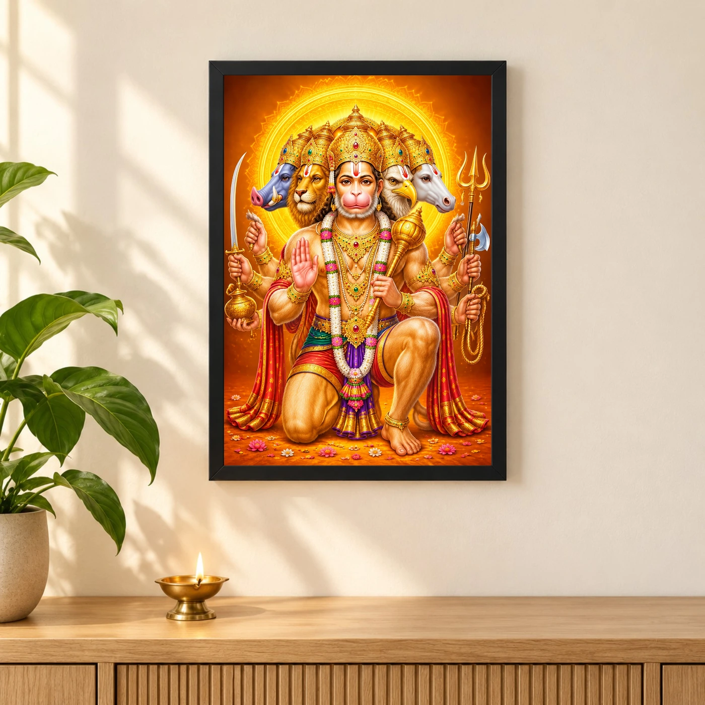 Panchmukhi Hanuman Vivid Premium Spiritual Poster Art Photo Frame 3 Panchmukhi Hanuman Vivid Premium Spiritual Poster Art Photo Frame — black frame pooja shelf