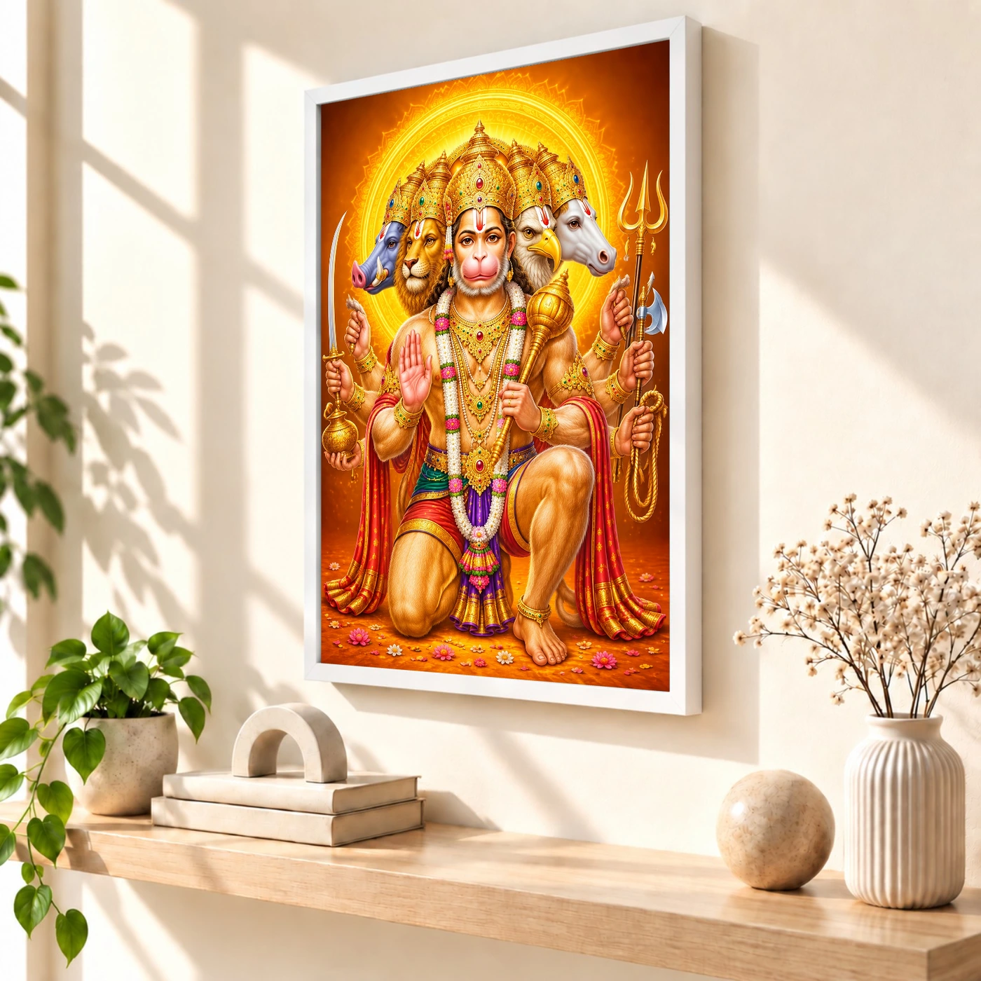 Panchmukhi Hanuman Vivid Premium Spiritual Poster Art Photo Frame 7 Panchmukhi Hanuman Vivid Premium Spiritual Poster Art Photo Frame — white frame warm console