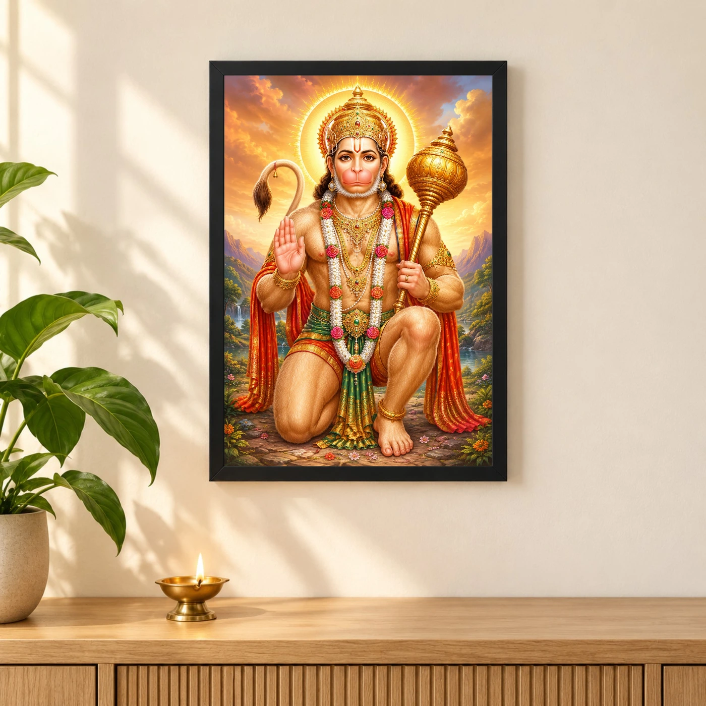 Bajrangbali Traditional Indian Miniature-Inspired Devotional Art Photo Frame 3 Bajrangbali Traditional Indian Miniature-Inspired Devotional Art Photo Frame — black frame pooja shelf