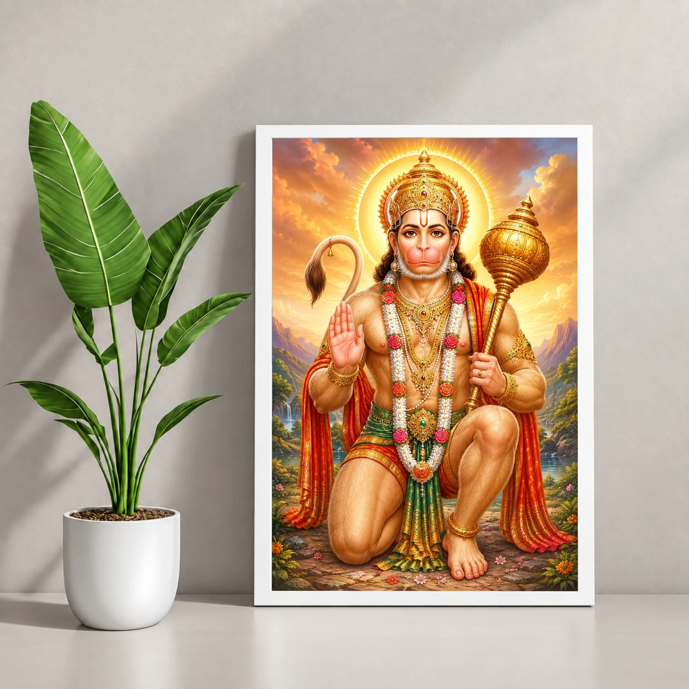Bajrangbali Traditional Indian Miniature-Inspired Devotional Art Photo Frame 4 Bajrangbali Traditional Indian Miniature-Inspired Devotional Art Photo Frame — white frame console
