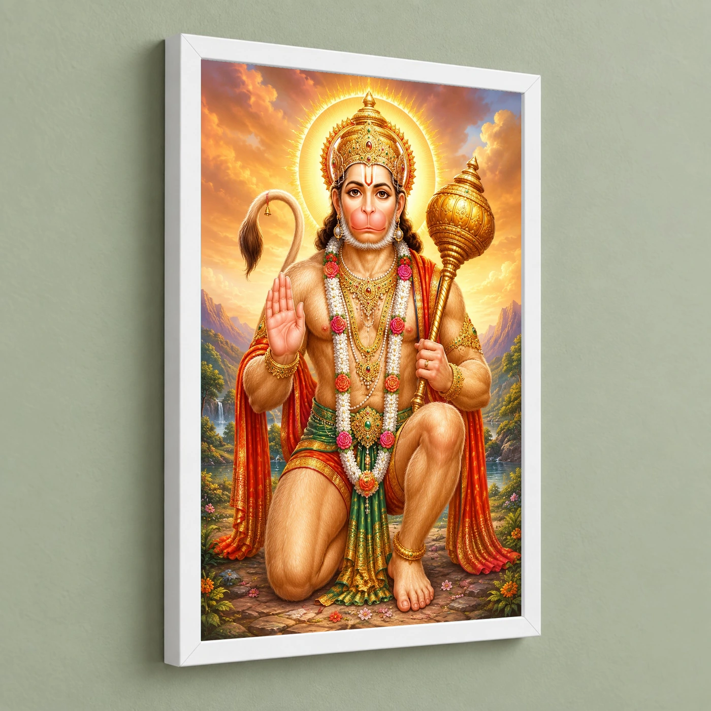 Bajrangbali Traditional Indian Miniature-Inspired Devotional Art Photo Frame 5 Bajrangbali Traditional Indian Miniature-Inspired Devotional Art Photo Frame — white frame angled wall