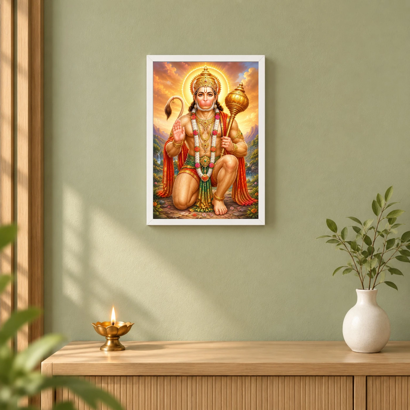 Bajrangbali Traditional Indian Miniature-Inspired Devotional Art Photo Frame 6 Bajrangbali Traditional Indian Miniature-Inspired Devotional Art Photo Frame — white frame distant wall