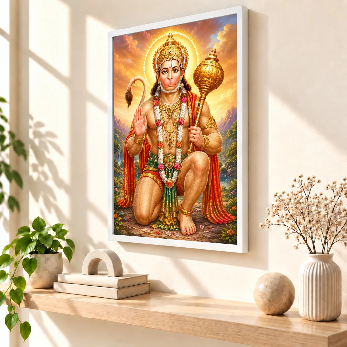 Bajrangbali Traditional Indian Miniature-Inspired Devotional Art Photo Frame 7 Bajrangbali Traditional Indian Miniature-Inspired Devotional Art Photo Frame — white frame warm console
