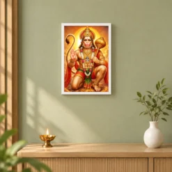 Bajrangbali Peaceful Home Mandir Composition Photo Frame — white frame distant wall