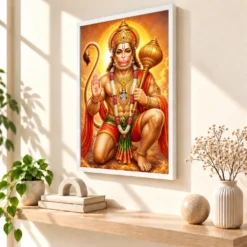 Bajrangbali Peaceful Home Mandir Composition Photo Frame — white frame warm console