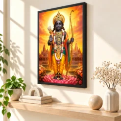 Ram Lalla Ayodhya Serene Sunrise Blessing Photo Frame — black frame console