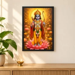 Ram Lalla Ayodhya Lotus And Diya Radiance Photo Frame — black frame pooja shelf