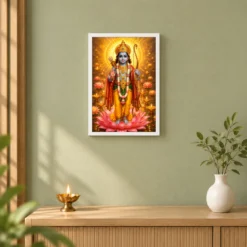 Ram Lalla Ayodhya Lotus And Diya Radiance Photo Frame — white frame distant wall
