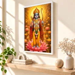 Ram Lalla Ayodhya Lotus And Diya Radiance Photo Frame — white frame warm console