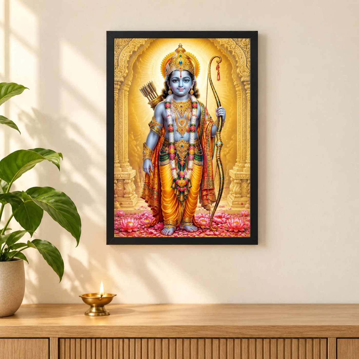 Ram Lalla Ayodhya Traditional Indian Miniature-Inspired Devotional Art Photo Frame 3 Ram Lalla Ayodhya Traditional Indian Miniature-Inspired Devotional Art Photo Frame — black frame pooja shelf