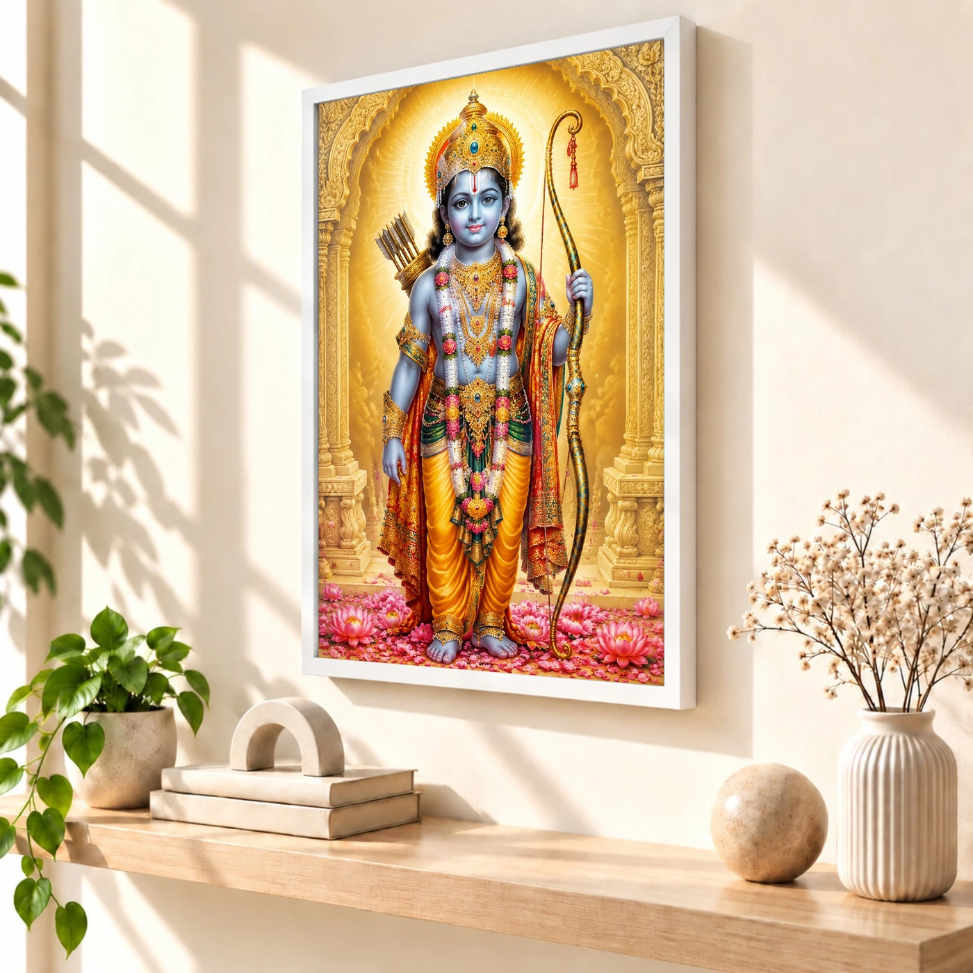 Ram Lalla Ayodhya Traditional Indian Miniature-Inspired Devotional Art Photo Frame 7 Ram Lalla Ayodhya Traditional Indian Miniature-Inspired Devotional Art Photo Frame — white frame warm console