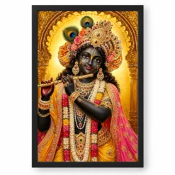 Banke Bihari Ornate Golden Temple Darshan Photo Frame — black frame clean