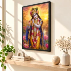 Banke Bihari Serene Sunrise Blessing Photo Frame — black frame console