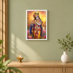 Banke Bihari Serene Sunrise Blessing Photo Frame — white frame distant wall