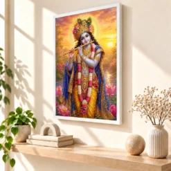 Banke Bihari Serene Sunrise Blessing Photo Frame — white frame warm console