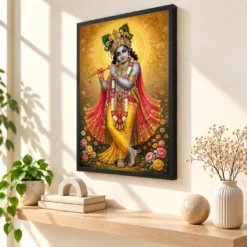 Banke Bihari Traditional Indian Miniature-Inspired Devotional Art Photo Frame — black frame console