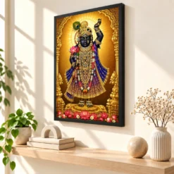 Shrinathji Ornate Golden Temple Darshan Photo Frame — black frame console