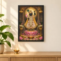 Shrinathji Lotus And Diya Radiance Photo Frame — black frame pooja shelf