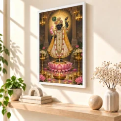Shrinathji Lotus And Diya Radiance Photo Frame — white frame warm console