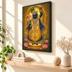 Shrinathji Traditional Indian Miniature-Inspired Devotional Art Photo Frame — black frame console