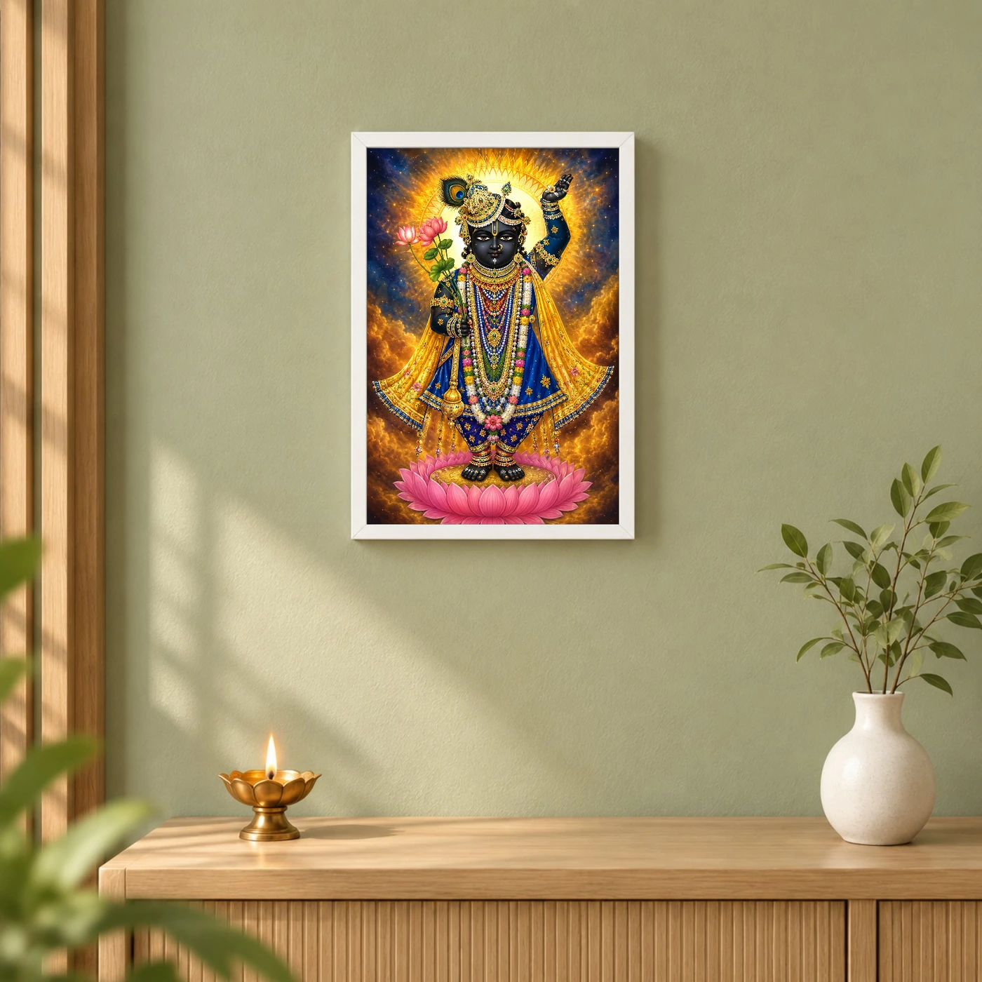 Shrinathji Cosmic Celestial Aura Photo Frame 6 Shrinathji Cosmic Celestial Aura Photo Frame — white frame distant wall