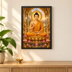 Gautam Buddha Ornate Golden Temple Darshan Photo Frame — black frame pooja shelf