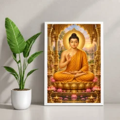 Gautam Buddha Ornate Golden Temple Darshan Photo Frame — white frame console