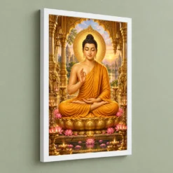 Gautam Buddha Ornate Golden Temple Darshan Photo Frame — white frame angled wall
