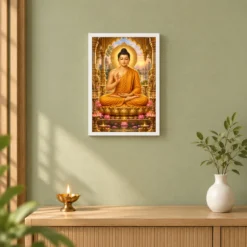 Gautam Buddha Ornate Golden Temple Darshan Photo Frame — white frame distant wall