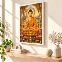 Gautam Buddha Ornate Golden Temple Darshan Photo Frame — white frame warm console