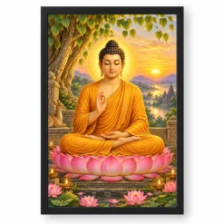 Gautam Buddha Serene Sunrise Blessing Photo Frame — black frame clean