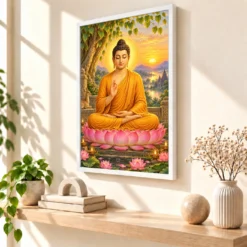 Gautam Buddha Serene Sunrise Blessing Photo Frame — white frame warm console