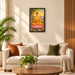 Gautam Buddha Serene Sunrise Blessing Photo Frame — black frame sofa