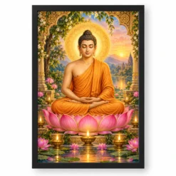 Gautam Buddha Lotus and Diya Radiance Photo Frame — black frame clean