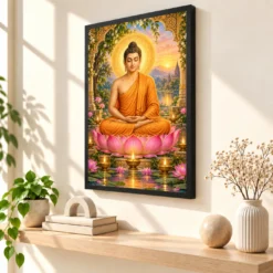 Gautam Buddha Lotus and Diya Radiance Photo Frame — black frame console