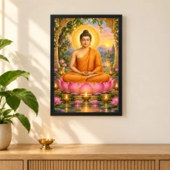 Gautam Buddha Lotus and Diya Radiance Photo Frame — black frame pooja shelf