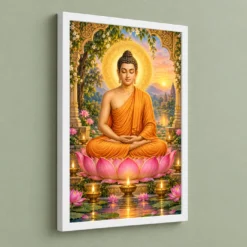 Gautam Buddha Lotus and Diya Radiance Photo Frame — white frame angled wall