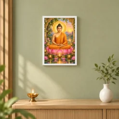 Gautam Buddha Lotus and Diya Radiance Photo Frame — white frame distant wall
