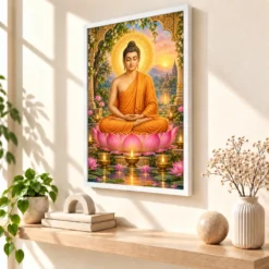 Gautam Buddha Lotus and Diya Radiance Photo Frame — white frame warm console