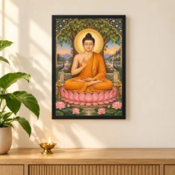 Gautam Buddha Traditional Indian Miniature-Inspired Devotional Art Photo Frame — black frame pooja shelf