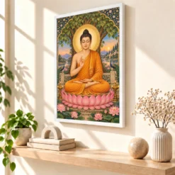 Gautam Buddha Traditional Indian Miniature-Inspired Devotional Art Photo Frame — white frame warm console