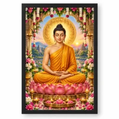 Gautam Buddha Grand Festival Flower Decoration Photo Frame — black frame clean
