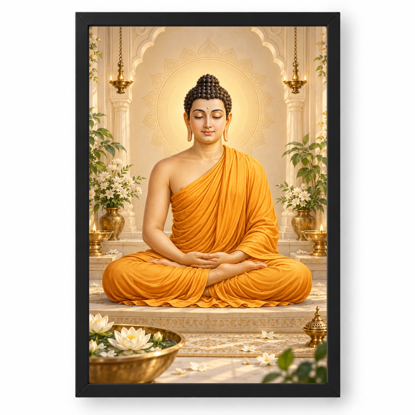 Gautam Buddha Peaceful Home Mandir Composition Photo Frame 1 Gautam Buddha Peaceful Home Mandir Composition Photo Frame — black frame clean
