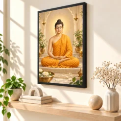 Gautam Buddha Peaceful Home Mandir Composition Photo Frame — black frame console