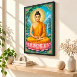 Gautam Buddha Vivid Premium Spiritual Poster Art Photo Frame — black frame console