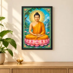 Gautam Buddha Vivid Premium Spiritual Poster Art Photo Frame — black frame pooja shelf