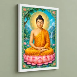 Gautam Buddha Vivid Premium Spiritual Poster Art Photo Frame — white frame angled wall