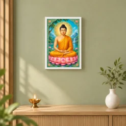 Gautam Buddha Vivid Premium Spiritual Poster Art Photo Frame — white frame distant wall