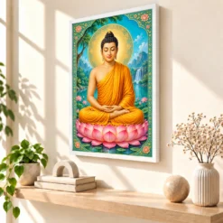 Gautam Buddha Vivid Premium Spiritual Poster Art Photo Frame — white frame warm console