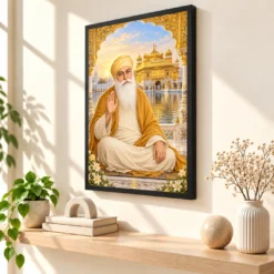 Guru Nanak Dev Ornate Golden Temple Darshan Photo Frame — black frame console